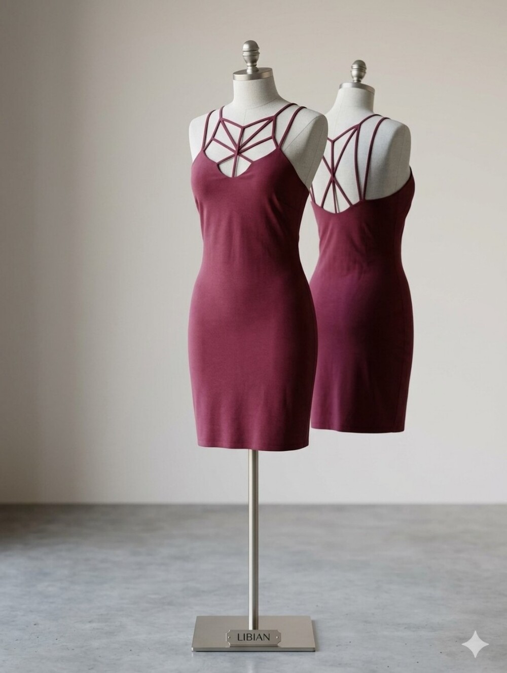 Libian Wine-Colored Strappy Back Cami Dress
